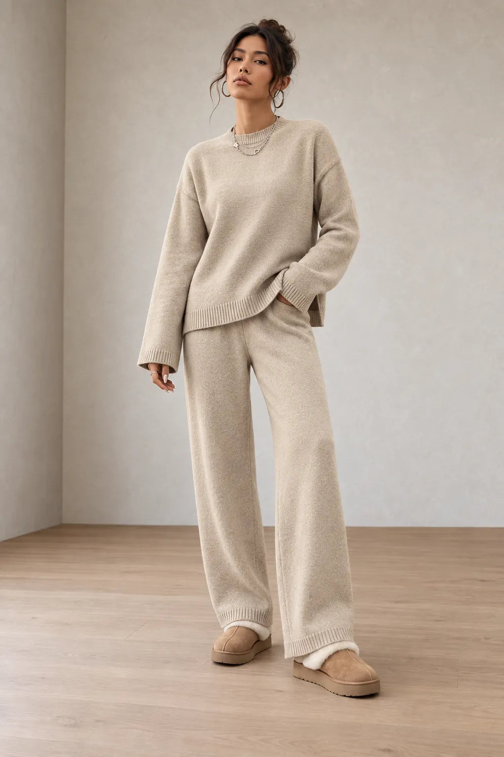 Women's Crewneck Knit Lounge Set - Side-Slit Sweater & Wide-Leg Pants - Beige