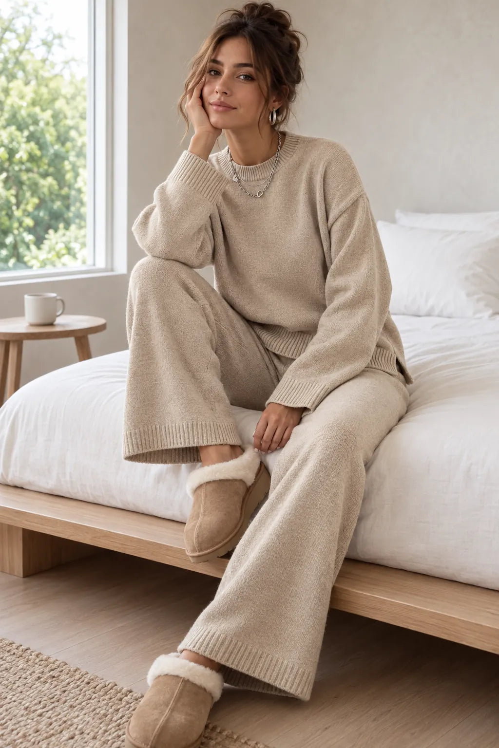 Women's Crewneck Knit Lounge Set - Side-Slit Sweater & Wide-Leg Pants - Beige