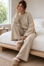 Women's Crewneck Knit Lounge Set - Side-Slit Sweater & Wide-Leg Pants - Beige