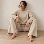 Women's Crewneck Knit Lounge Set - Side-Slit Sweater & Wide-Leg Pants - Beige