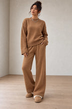 Women's Crewneck Knit Lounge Set - Side-Slit Sweater & Wide-Leg Pants - Camel