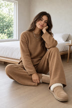 Women's Crewneck Knit Lounge Set - Side-Slit Sweater & Wide-Leg Pants - Camel