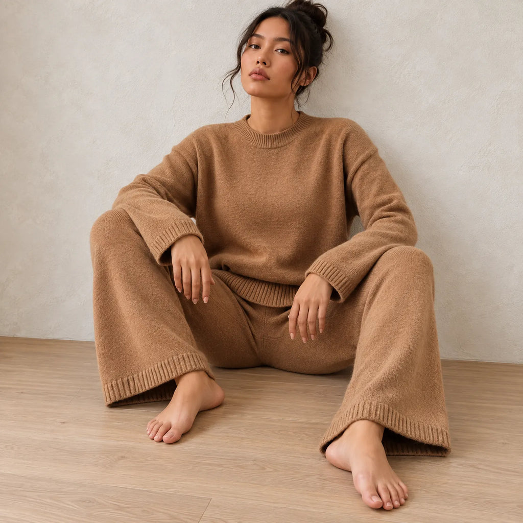 Women's Crewneck Knit Lounge Set - Side-Slit Sweater & Wide-Leg Pants - Camel
