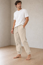 Men's Linen Joggers - Relaxed Drawstring Lounge Pants with Cuffed Ankles - Beige