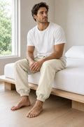 Men's Linen Joggers - Relaxed Drawstring Lounge Pants with Cuffed Ankles - Beige