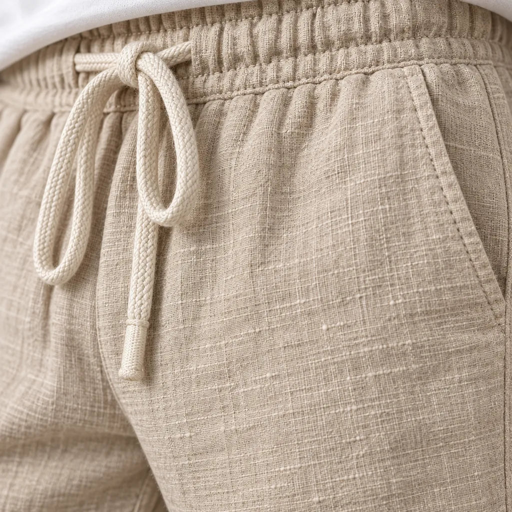 Men's Linen Joggers - Relaxed Drawstring Lounge Pants with Cuffed Ankles - Beige