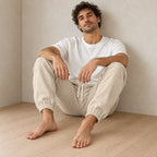 Men's Linen Joggers - Relaxed Drawstring Lounge Pants with Cuffed Ankles - Beige