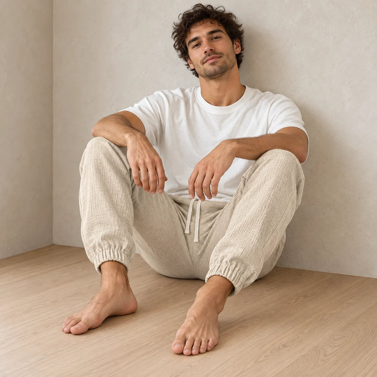 Men's Linen Joggers - Relaxed Drawstring Lounge Pants with Cuffed Ankles - Beige