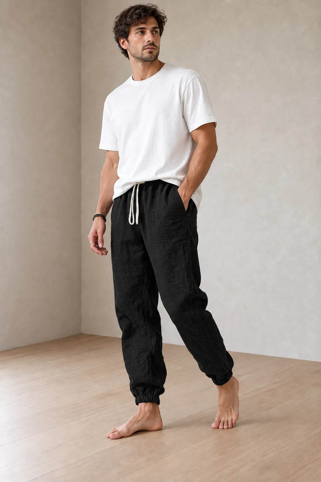 Men's Linen Joggers - Relaxed Drawstring Lounge Pants with Cuffed Ankles - Black