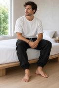 Men's Linen Joggers - Relaxed Drawstring Lounge Pants with Cuffed Ankles - Black