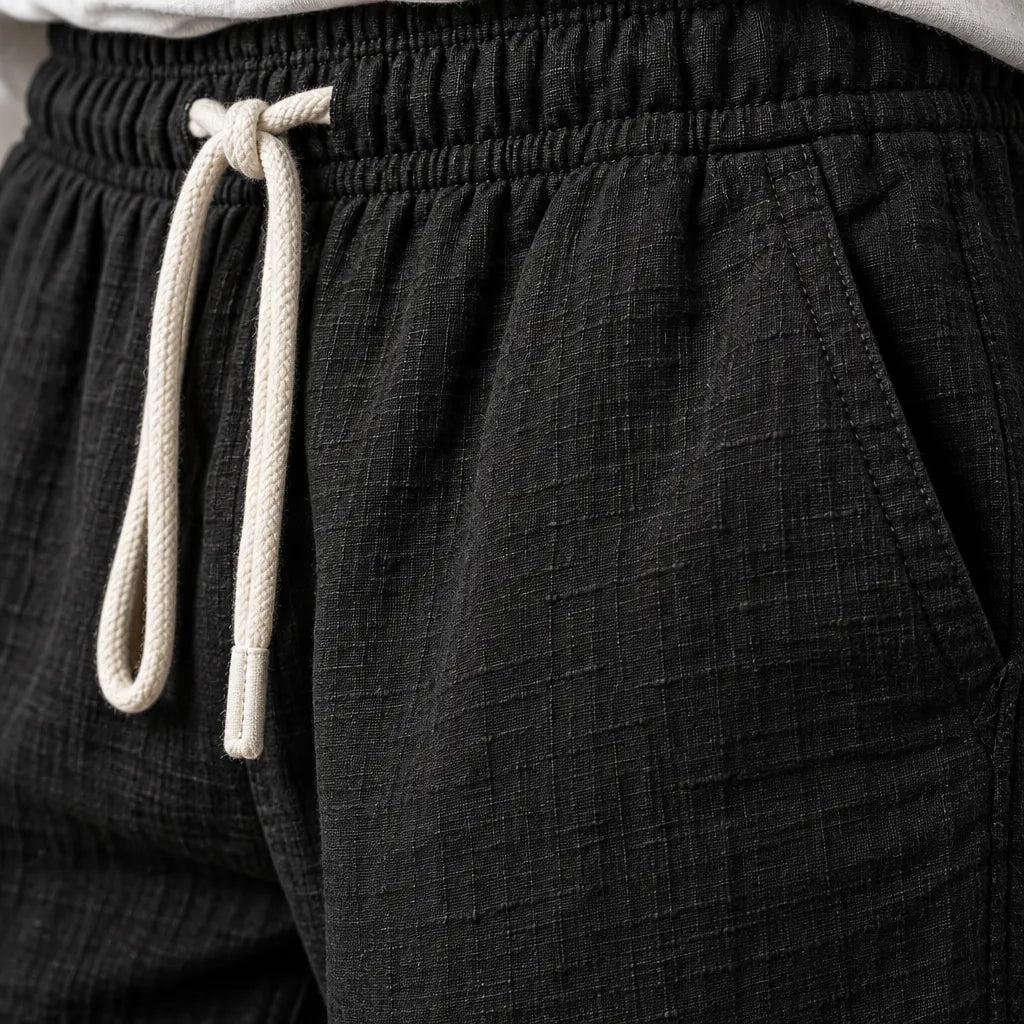 Men's Linen Joggers - Relaxed Drawstring Lounge Pants with Cuffed Ankles - Black