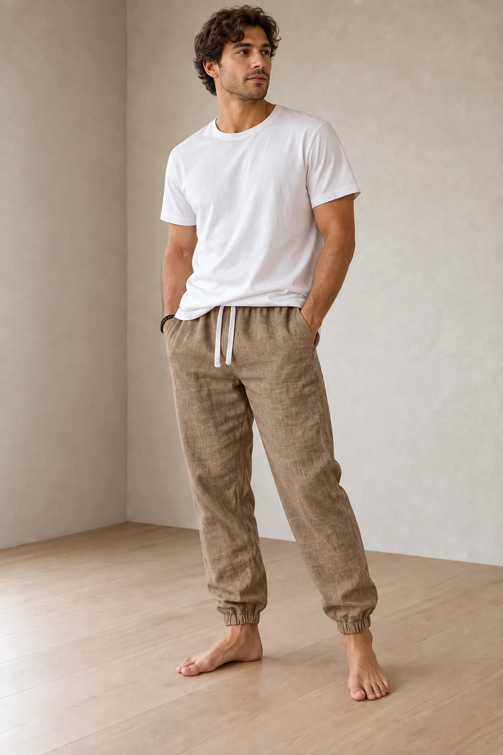 Men's Linen Joggers - Relaxed Drawstring Lounge Pants with Cuffed Ankles - Khaki