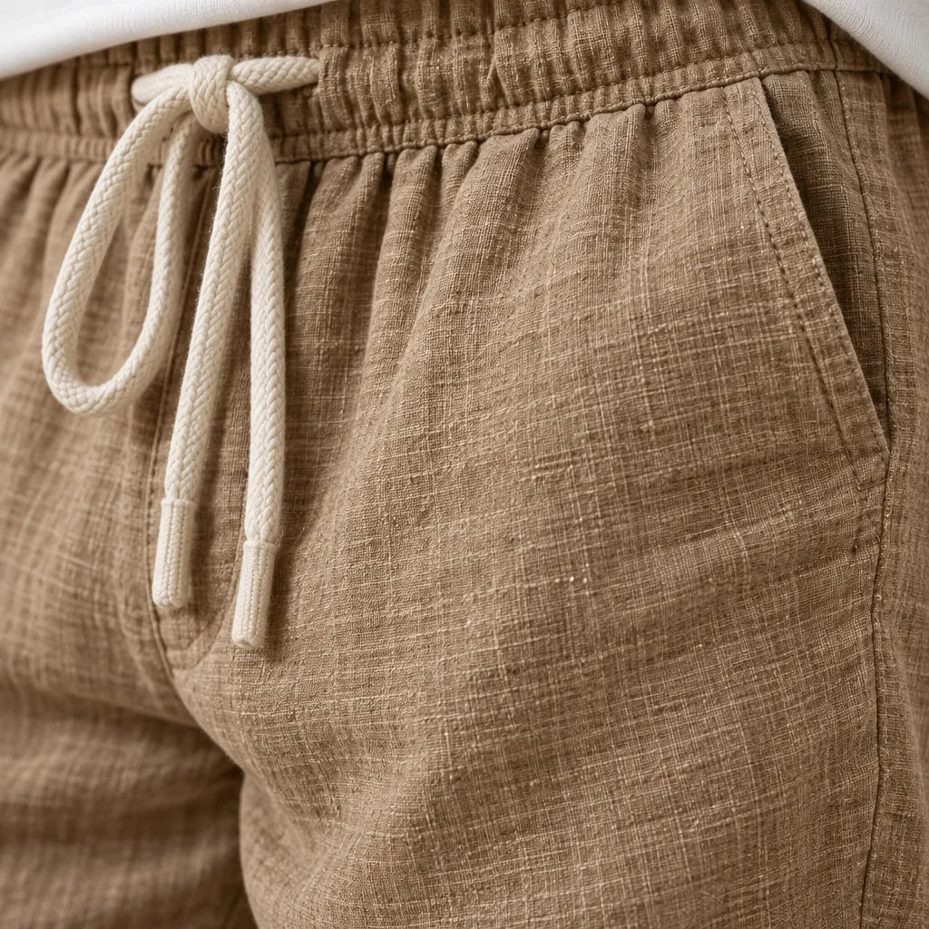 Men's Linen Joggers - Relaxed Drawstring Lounge Pants with Cuffed Ankles - Khaki