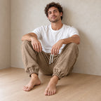 Men's Linen Joggers - Relaxed Drawstring Lounge Pants with Cuffed Ankles - Khaki