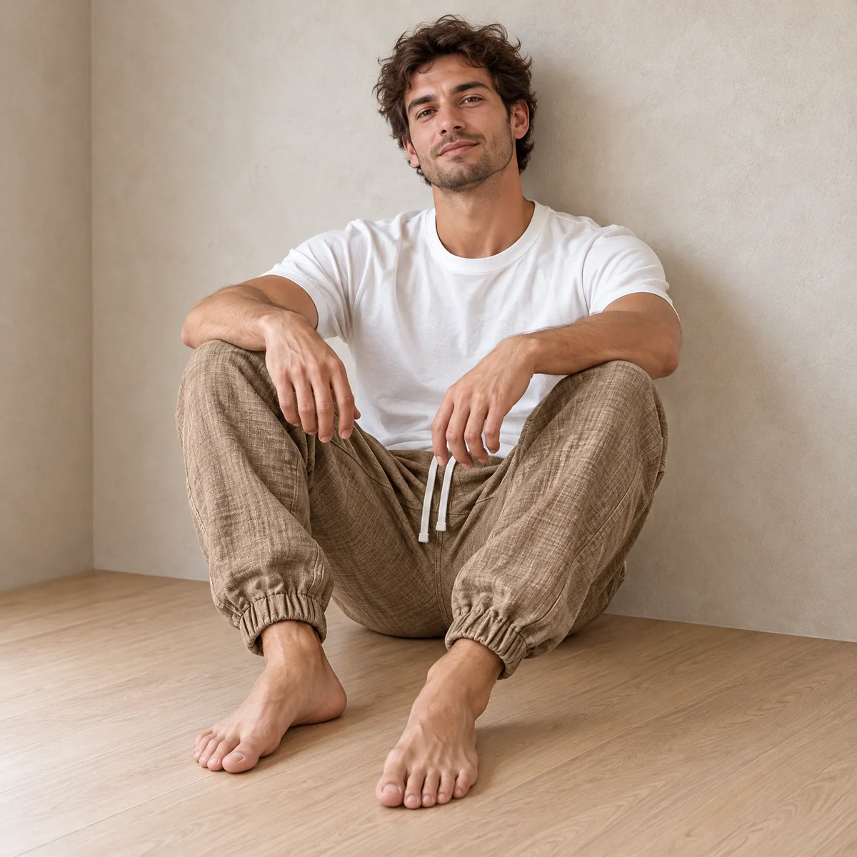 Men's Linen Joggers - Relaxed Drawstring Lounge Pants with Cuffed Ankles - Khaki