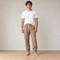 Men's Linen Joggers - Relaxed Drawstring Lounge Pants with Cuffed Ankles - Khaki