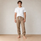 Men's Linen Joggers - Relaxed Drawstring Lounge Pants with Cuffed Ankles - Khaki