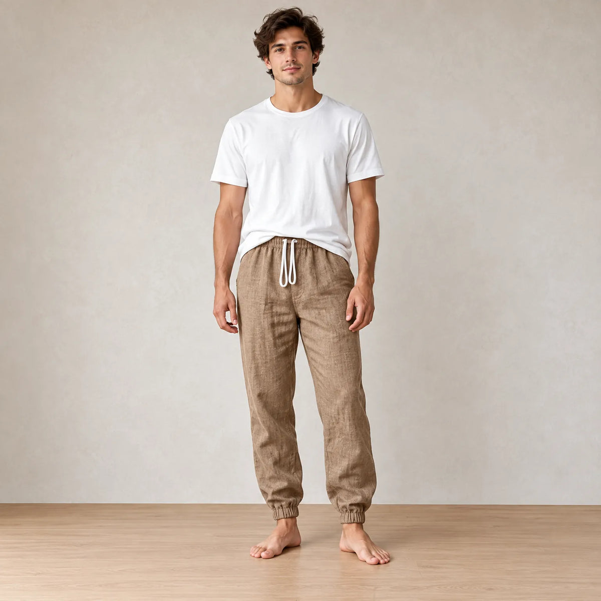 Men's Linen Joggers - Relaxed Drawstring Lounge Pants with Cuffed Ankles - Khaki