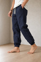 Men's Linen Joggers - Relaxed Drawstring Lounge Pants with Cuffed Ankles - Navy