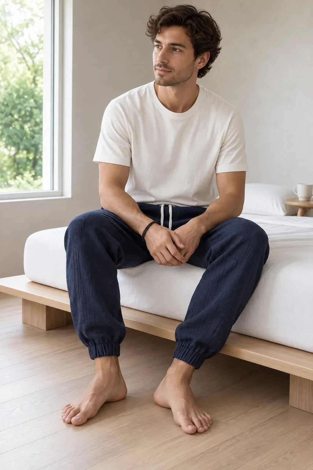 Men's Linen Joggers - Relaxed Drawstring Lounge Pants with Cuffed Ankles - Navy