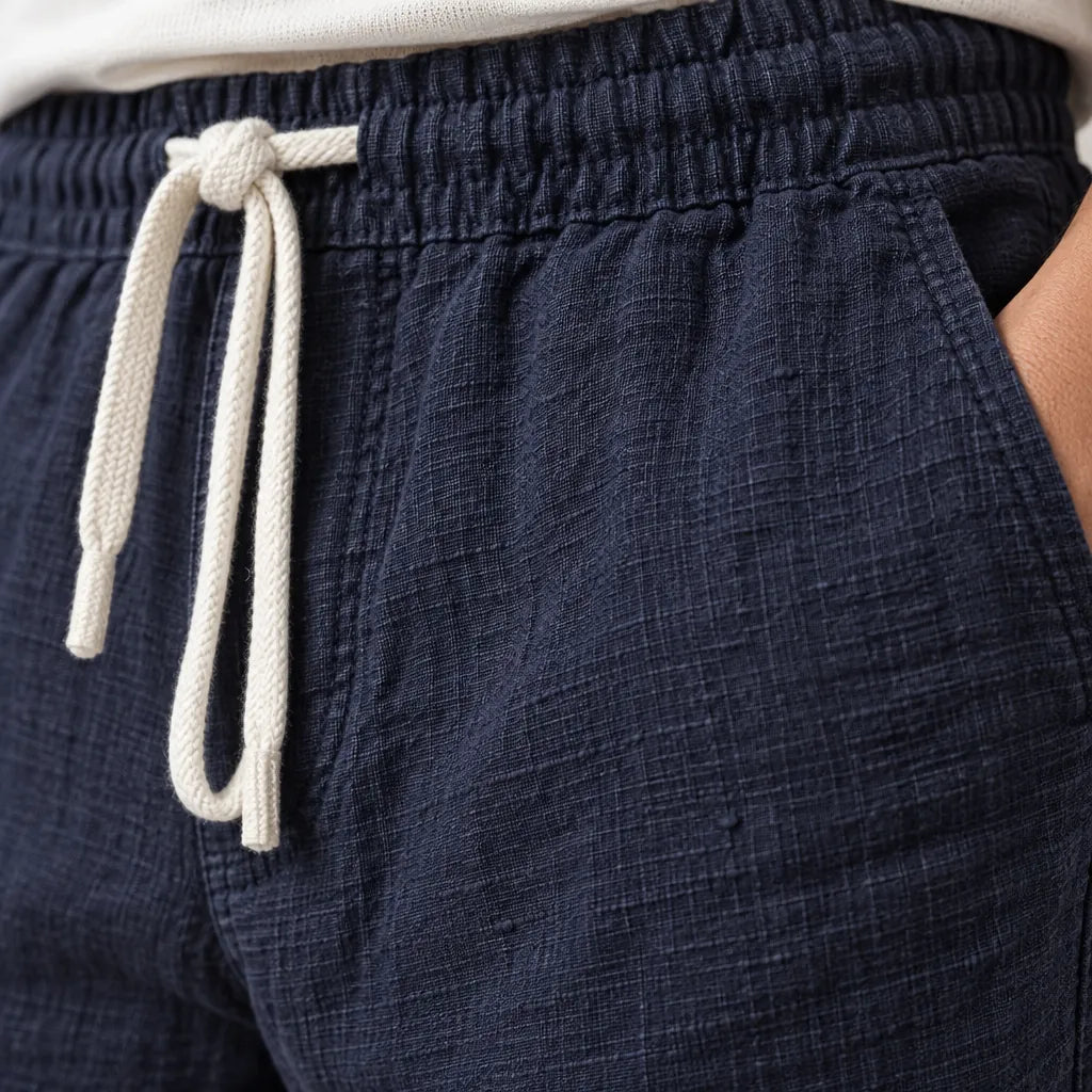Men's Linen Joggers - Relaxed Drawstring Lounge Pants with Cuffed Ankles - Navy