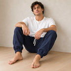 Men's Linen Joggers - Relaxed Drawstring Lounge Pants with Cuffed Ankles - Navy