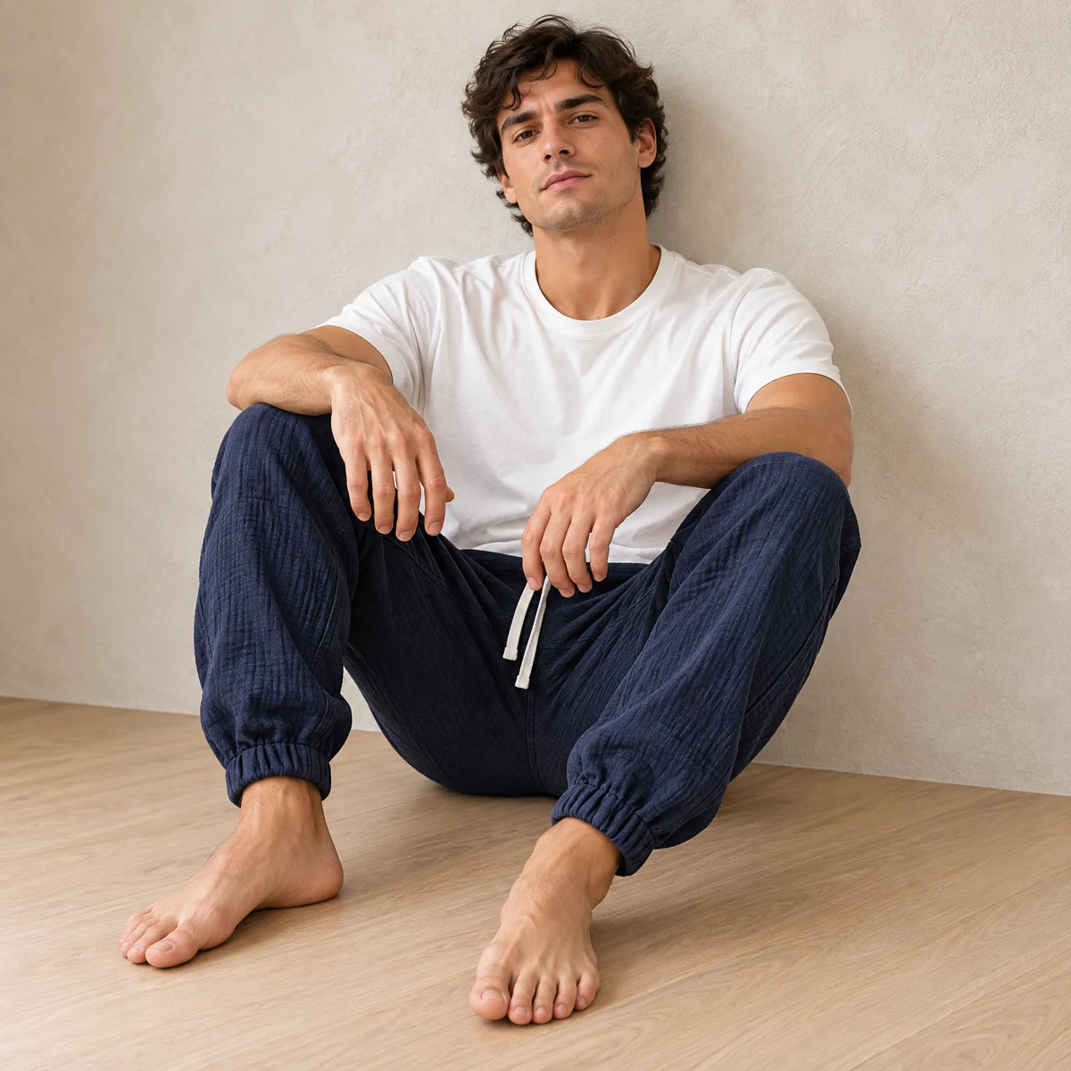Men's Linen Joggers - Relaxed Drawstring Lounge Pants with Cuffed Ankles - Navy