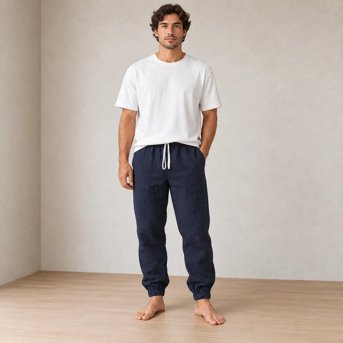 Men's Linen Joggers - Relaxed Drawstring Lounge Pants with Cuffed Ankles - Navy