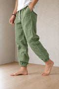 Men's Linen Joggers - Relaxed Drawstring Lounge Pants with Cuffed Ankles - Sage Green