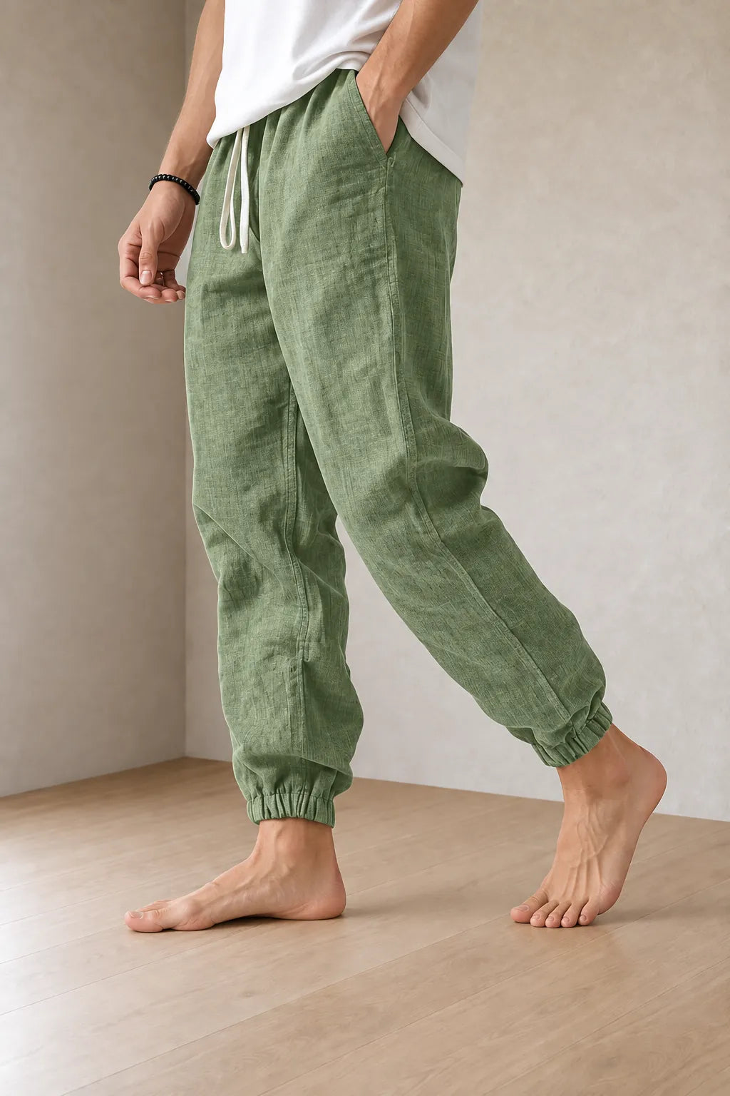 Men's Linen Joggers - Relaxed Drawstring Lounge Pants with Cuffed Ankles - Sage Green