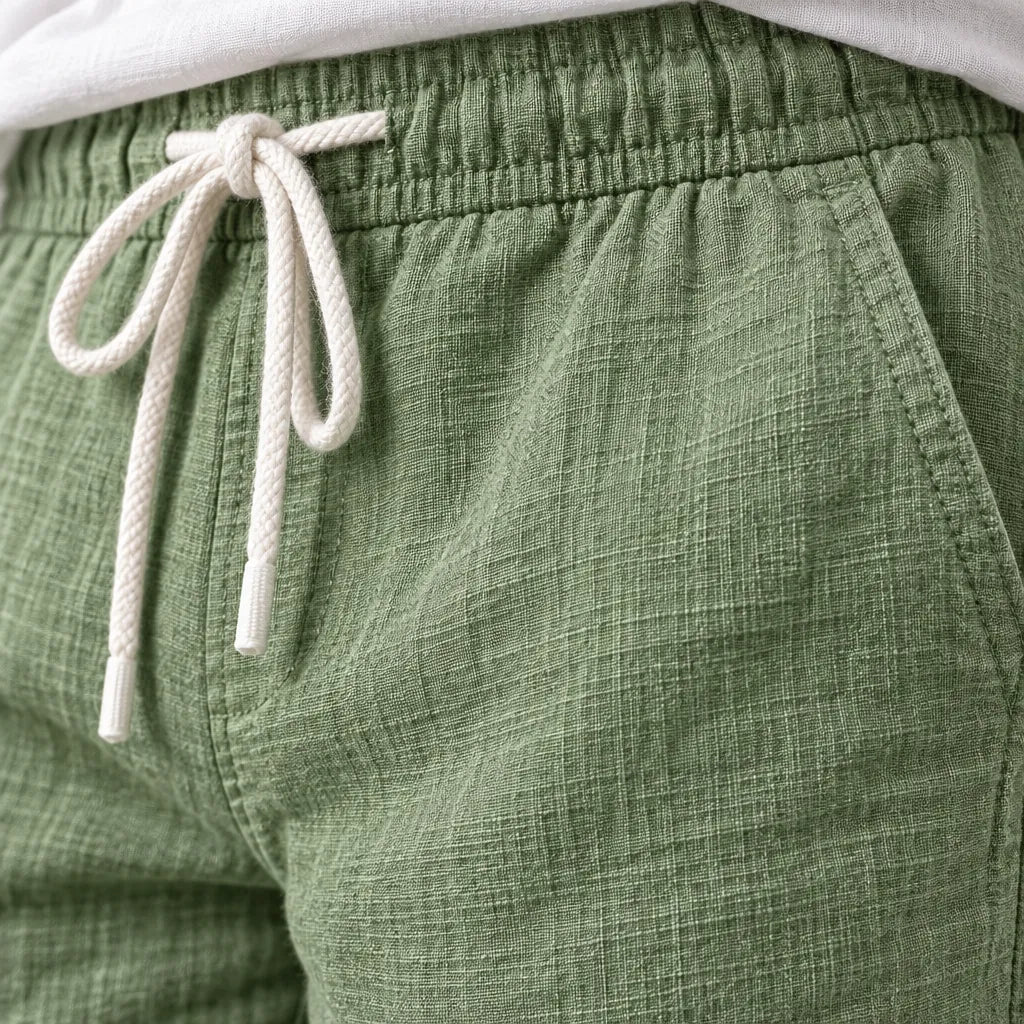 Men's Linen Joggers - Relaxed Drawstring Lounge Pants with Cuffed Ankles - Sage Green