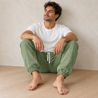 Men's Linen Joggers - Relaxed Drawstring Lounge Pants with Cuffed Ankles - Sage Green