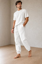 Men's Linen Joggers - Relaxed Drawstring Lounge Pants with Cuffed Ankles - White