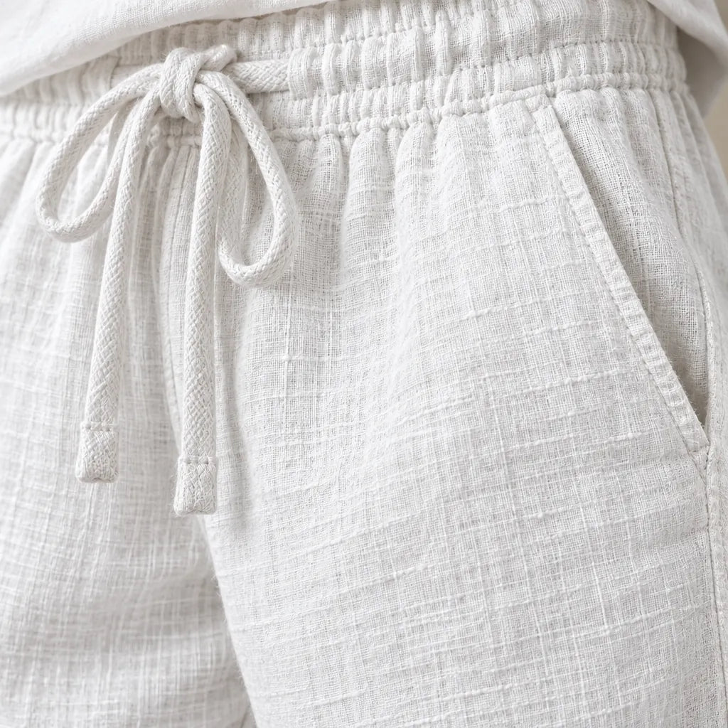 Men's Linen Joggers - Relaxed Drawstring Lounge Pants with Cuffed Ankles - White
