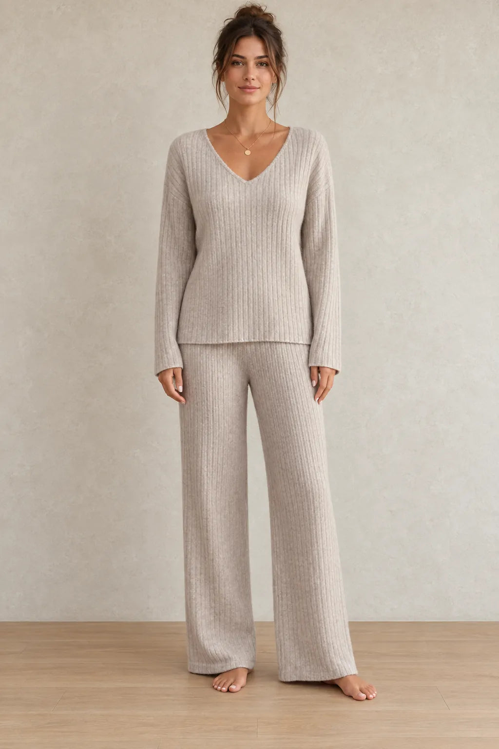 Women's Ribbed Knit Lounge Set - V-Neck Sweater & Wide-Leg Pants - Beige
