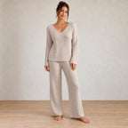 Women's Ribbed Knit Lounge Set - V-Neck Sweater & Wide-Leg Pants - Beige