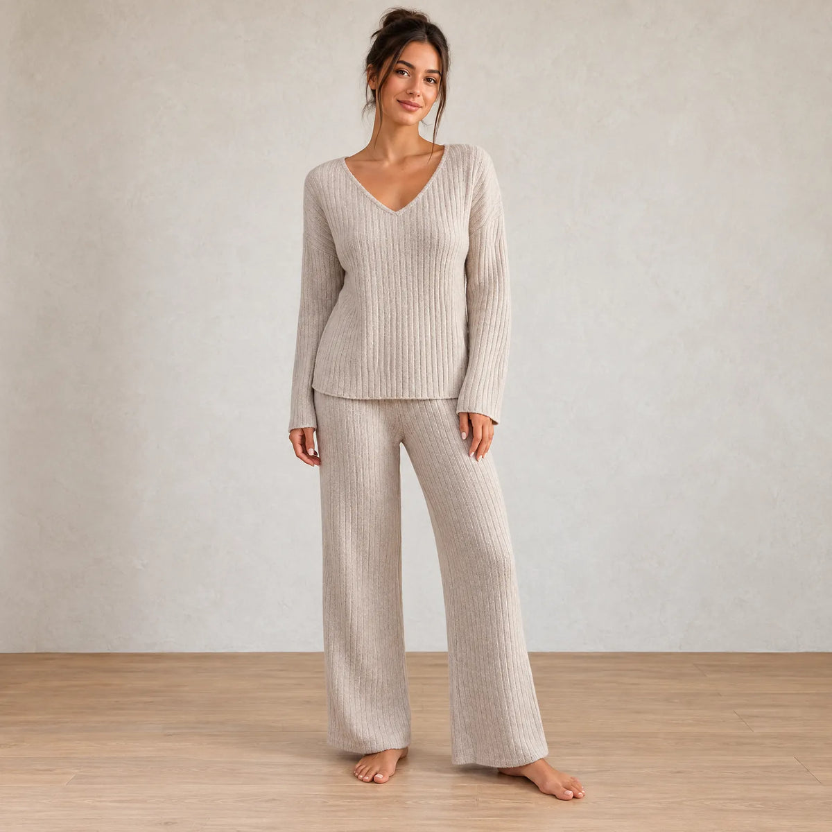Women's Ribbed Knit Lounge Set - V-Neck Sweater & Wide-Leg Pants - Beige