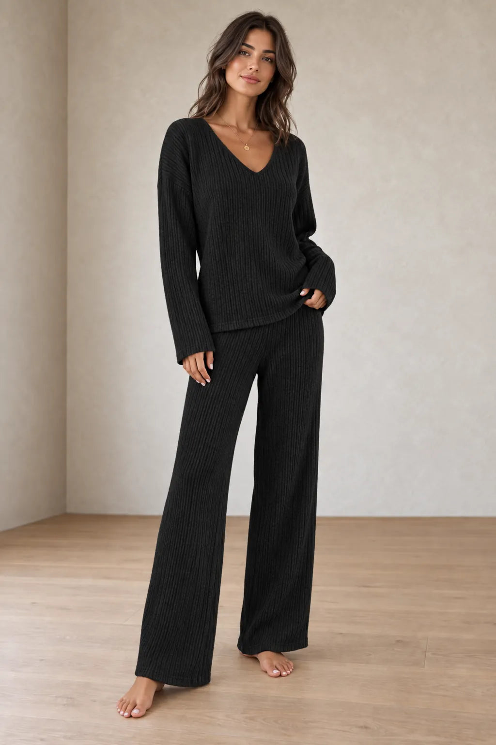 Women's Ribbed Knit Lounge Set - V-Neck Sweater & Wide-Leg Pants - Black