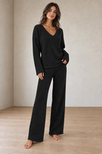 Women's Ribbed Knit Lounge Set - V-Neck Sweater & Wide-Leg Pants - Black