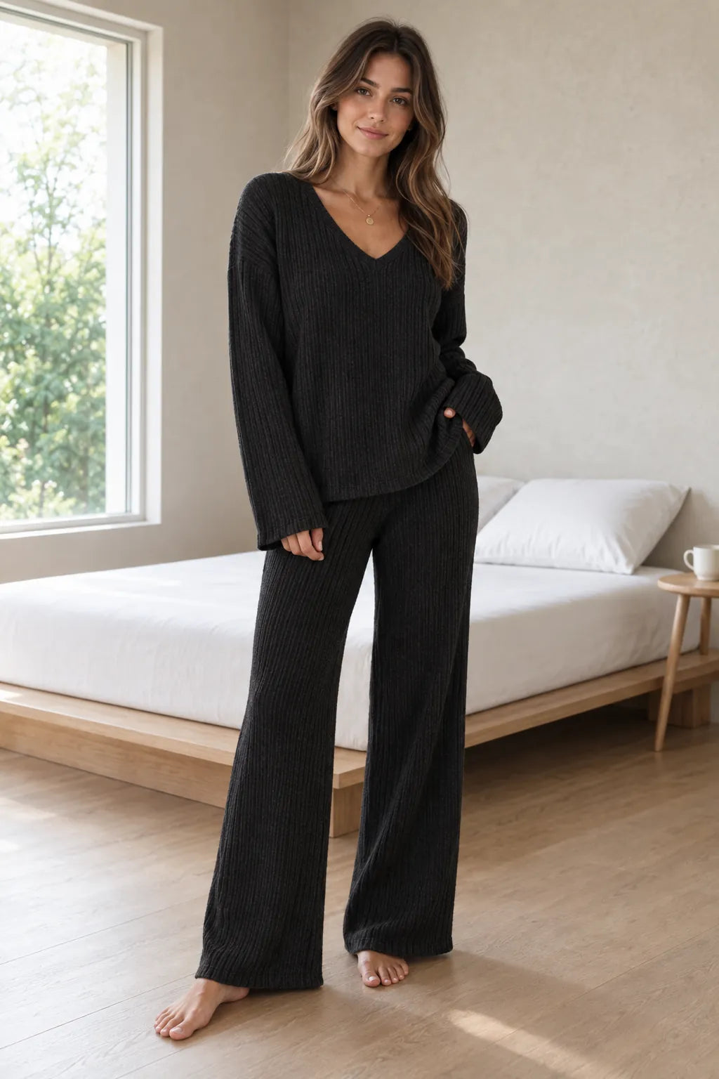 Women's Ribbed Knit Lounge Set - V-Neck Sweater & Wide-Leg Pants - Black