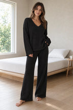Women's Ribbed Knit Lounge Set - V-Neck Sweater & Wide-Leg Pants - Black