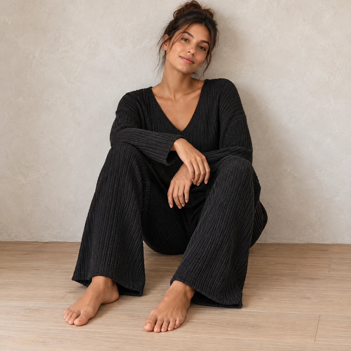 Women's Ribbed Knit Lounge Set - V-Neck Sweater & Wide-Leg Pants - Black