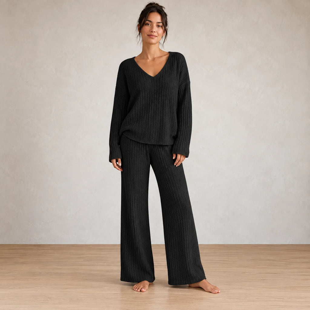 Women's Ribbed Knit Lounge Set - V-Neck Sweater & Wide-Leg Pants - Black