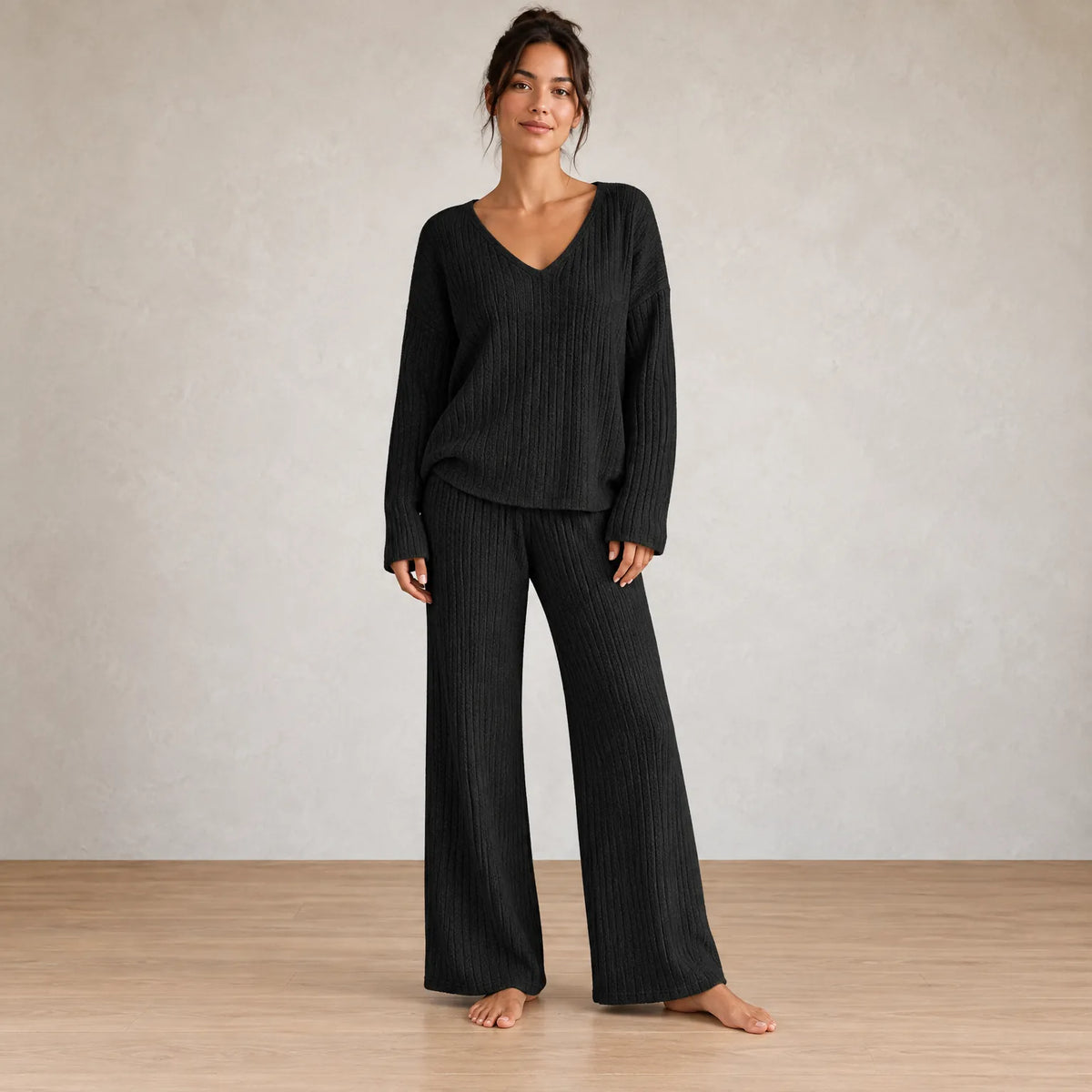 Women's Ribbed Knit Lounge Set - V-Neck Sweater & Wide-Leg Pants - Black