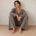 Women's Ribbed Knit Lounge Set - V-Neck Sweater & Wide-Leg Pants - Brown