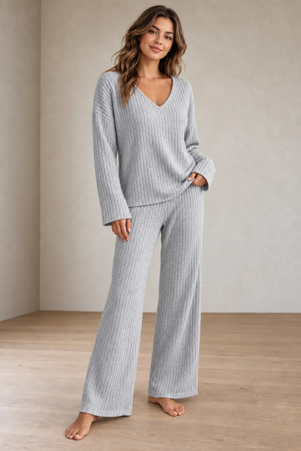 Women's Ribbed Knit Lounge Set - V-Neck Sweater & Wide-Leg Pants - Light Gray