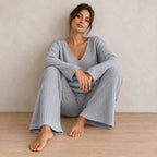 Women's Ribbed Knit Lounge Set - V-Neck Sweater & Wide-Leg Pants - Light Gray