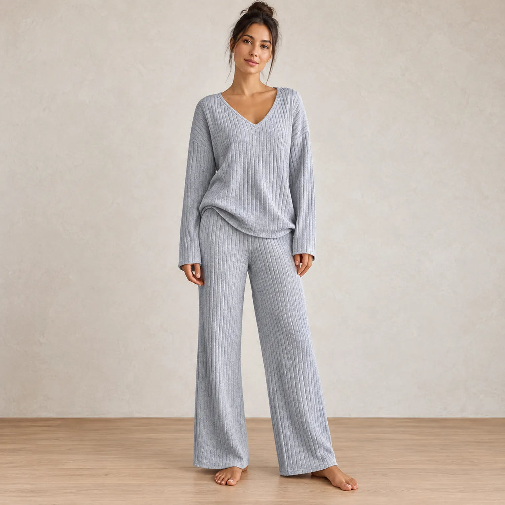 Women's Ribbed Knit Lounge Set - V-Neck Sweater & Wide-Leg Pants - Light Gray