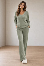 Women's Ribbed Knit Lounge Set - V-Neck Sweater & Wide-Leg Pants - Sage Green