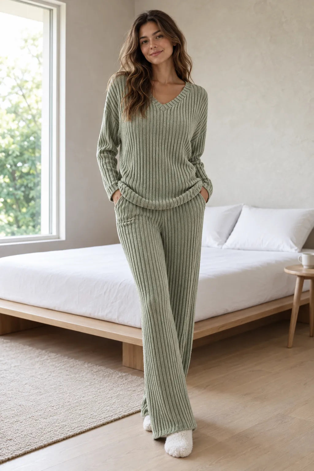 Women's Ribbed Knit Lounge Set - V-Neck Sweater & Wide-Leg Pants - Sage Green
